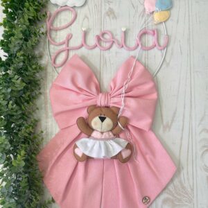 Fiocco Nascita Rosa con Nome in Tricotin e Orsetta