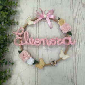 Mini Fiocco Nascita Bimba su Telaio con Nome in Tricotin Rosa