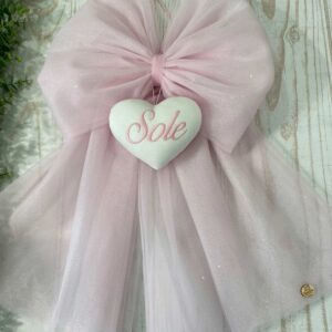 Fiocco Nascita Bimba in Tulle Rosa con Cuore e Ricamo