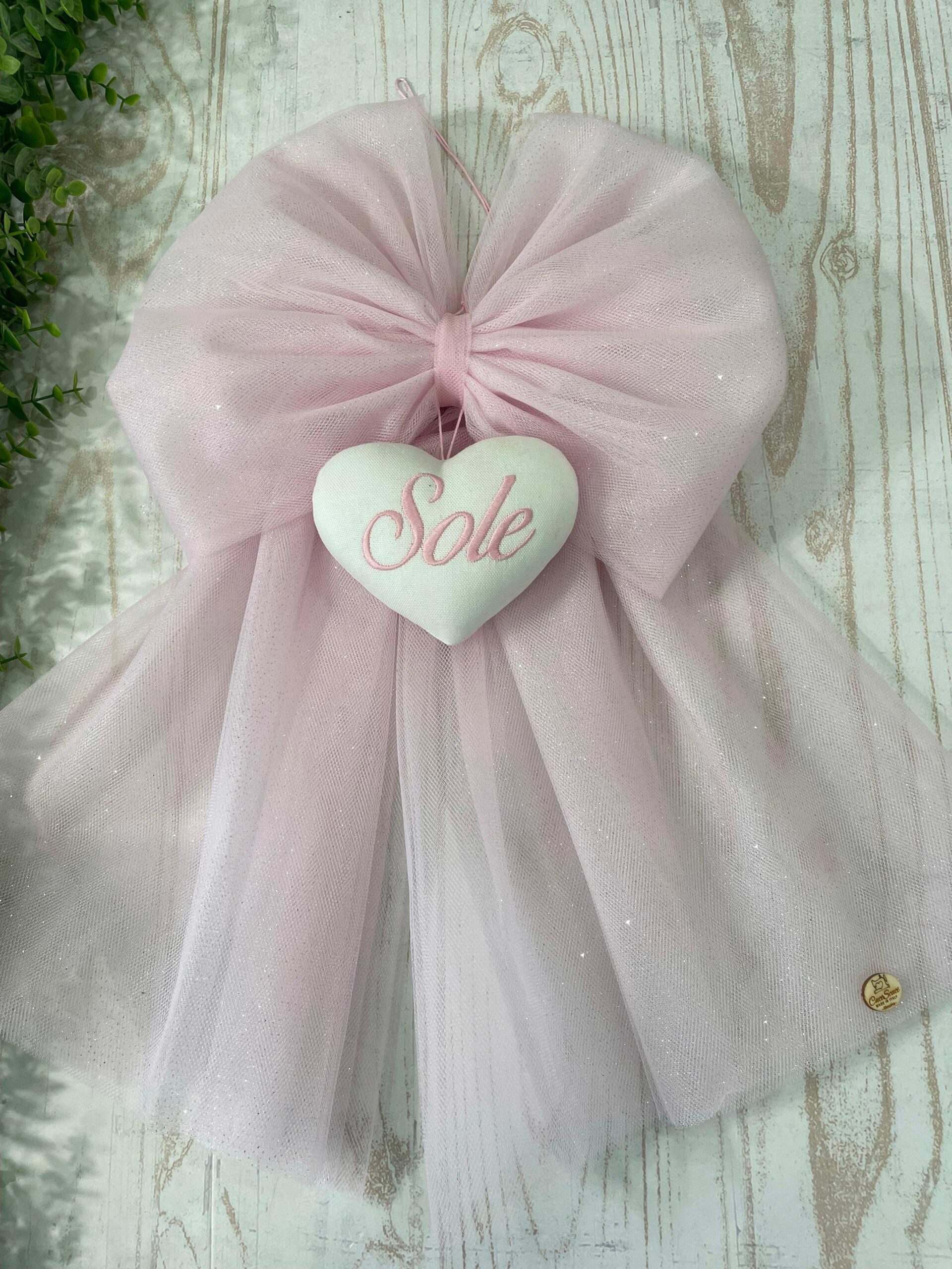 Fiocco Nascita Bimba in Tulle Rosa con Cuore e Ricamo
