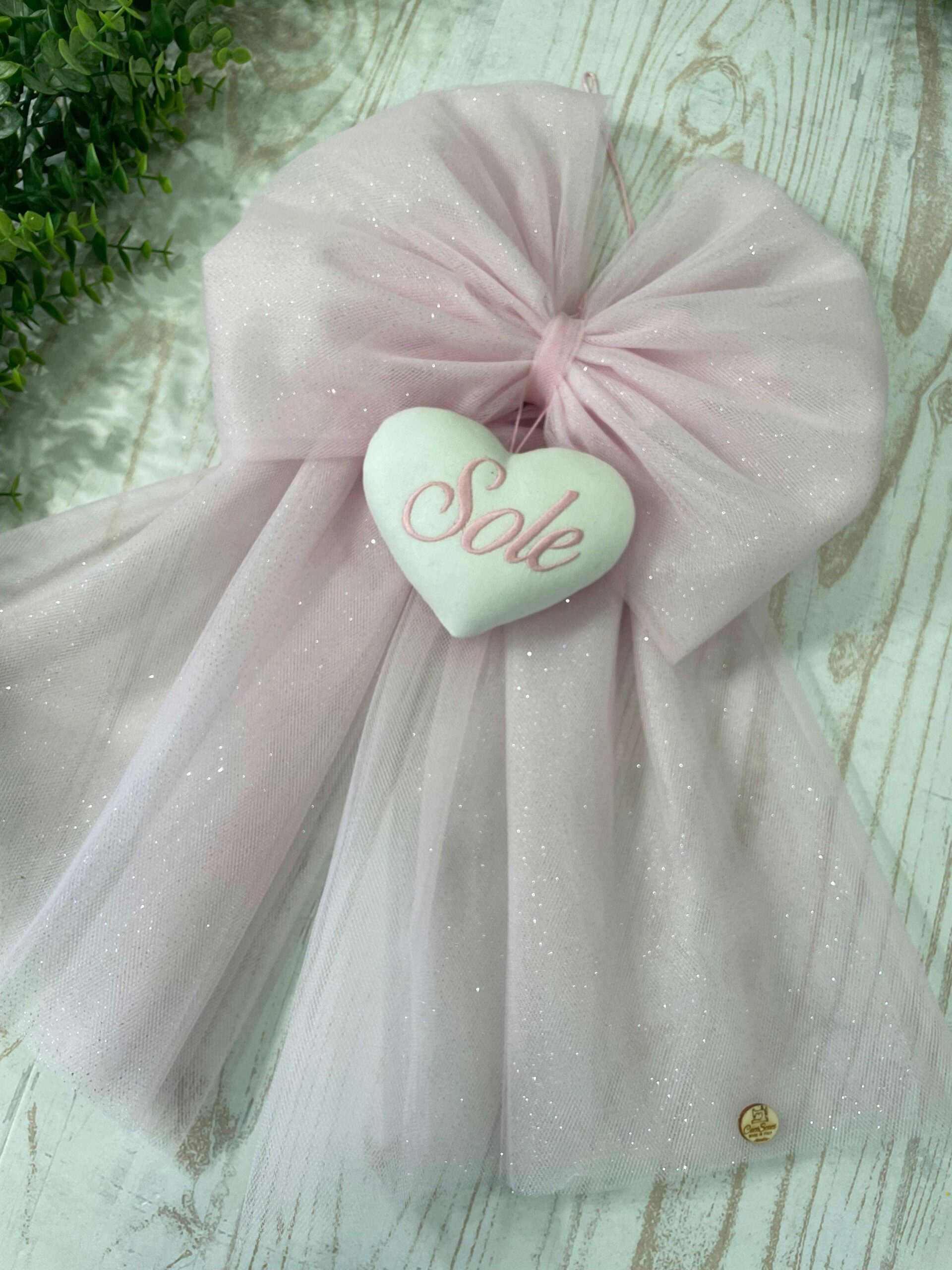 Fiocco Nascita Bimba in Tulle Rosa con Cuore e Ricamo - immagine 2
