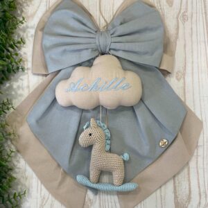 Fiocco Nascita Nuvola e Mandorla con Cavallino in Amigurumi