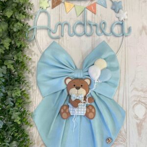 Fiocco Nascita Bimbo Azzurro con Nome in Tricotin e Orsetto con Palloncini
