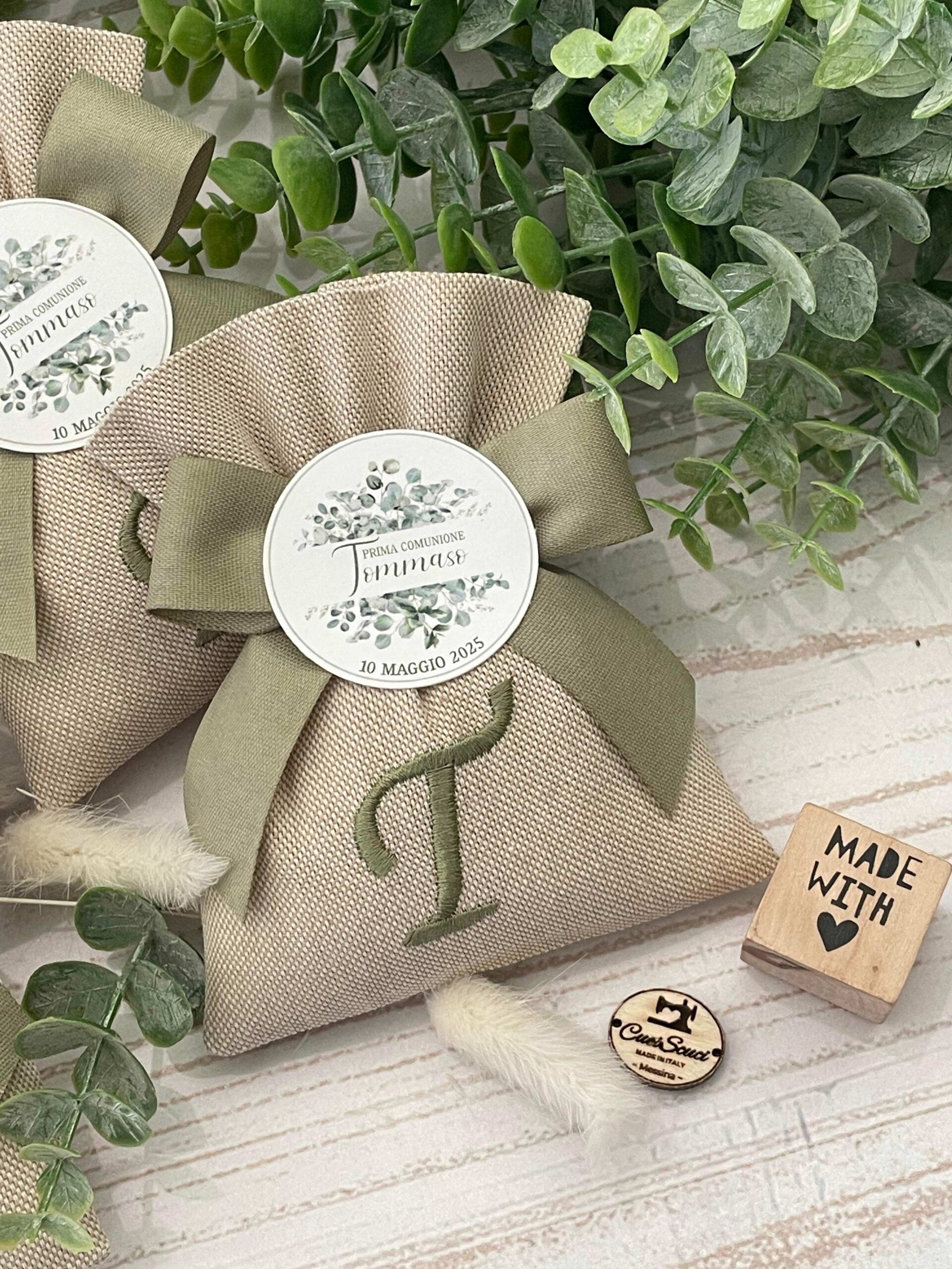 Sacchetto Sartoriale Colore Naturale con Ricamo Iniziale Verde Salvia - immagine 27