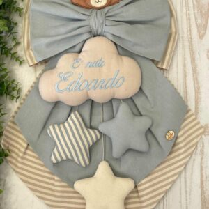 Fiocco Nascita Bimbo Nuvola e Mandorla con Ricamo Personalizzato  e Orsetto
