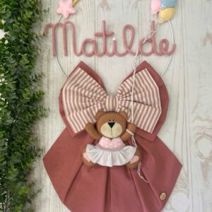 Fiocco Nascita Terracotta con Nome in Tricotin e Orsetta Ballerina