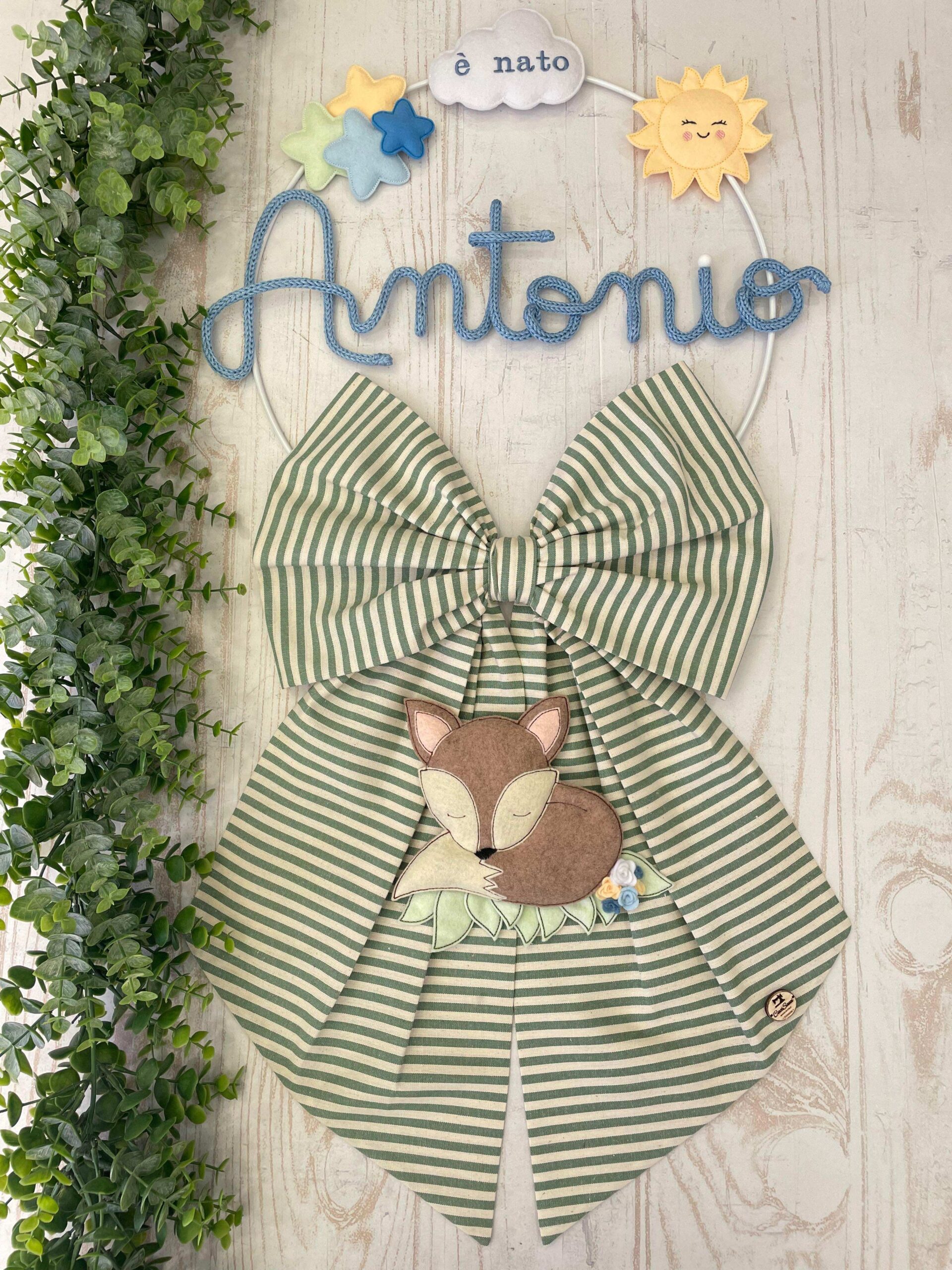Fiocco Nascita Verde e Panna con Nome in Tricotin e Volpe - immagine 5
