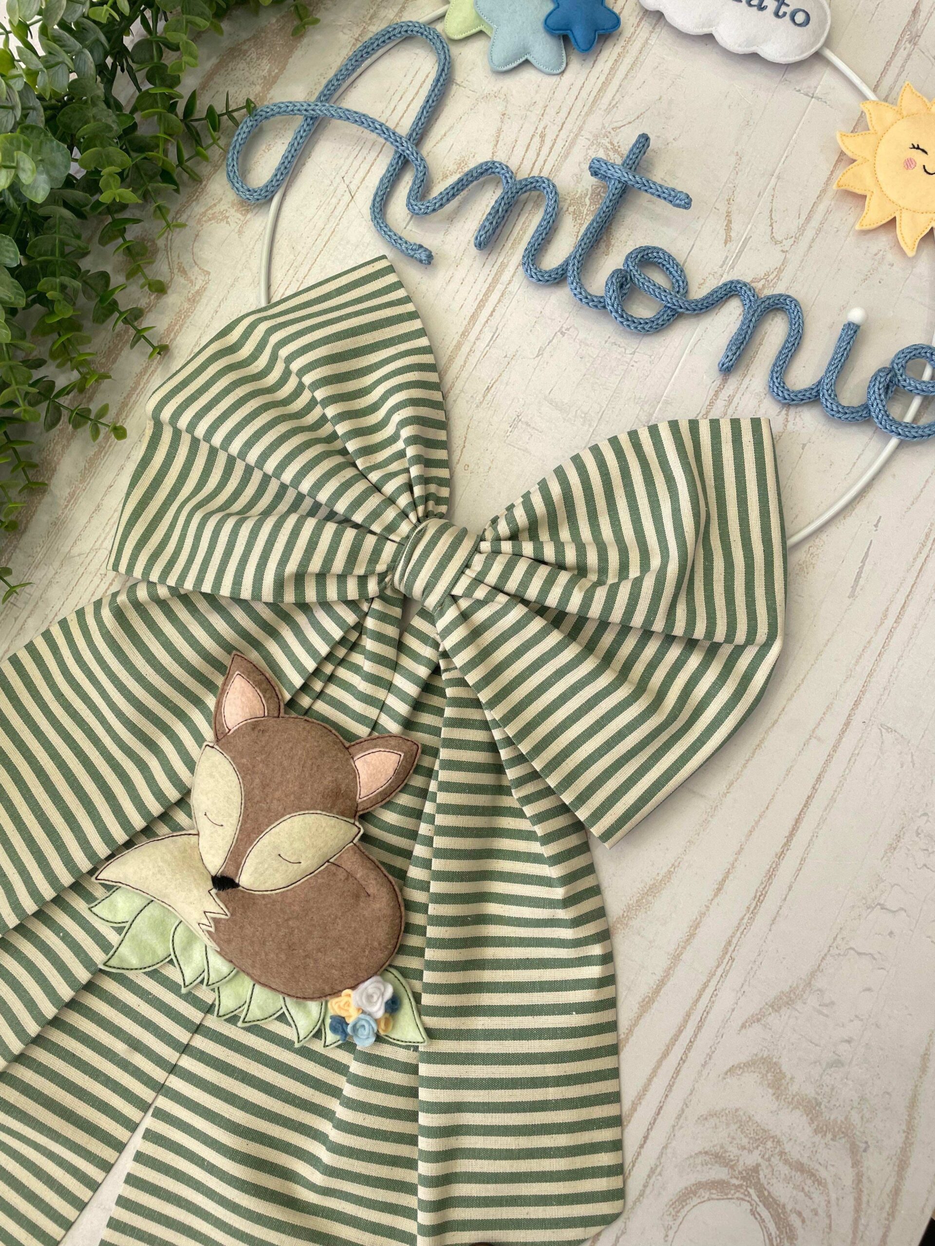 Fiocco Nascita Verde e Panna con Nome in Tricotin e Volpe - immagine 7