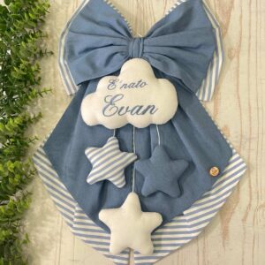 Fiocco Nascita Bimbo Azzurro e Bianco con Ricamo su Nuvola