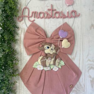Fiocco Nascita Bimba Rosa Antico con Nome in Tricotin e Tamburino