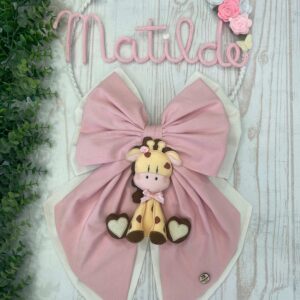 Fiocco Nascita Rosa e Seta con Doppio Fiocco, Nome in Tricotin, Macramè e Giraffa