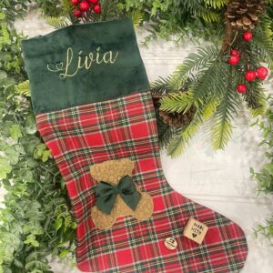 Calza Natalizia in Tessuto Tartan con Nome Ricamato e Orsetto Bouclè