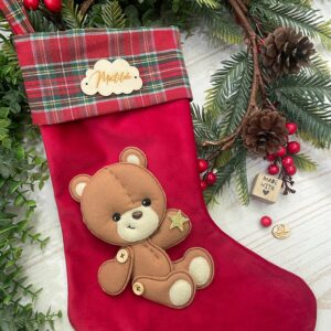 Calza Natalizia Velluto Rosso con Orsetto e Targhetta Personalizzata