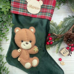 Calza Natalizia Velluto Verde con Personaggio in Pannolenci e Targhetta Personalizzata