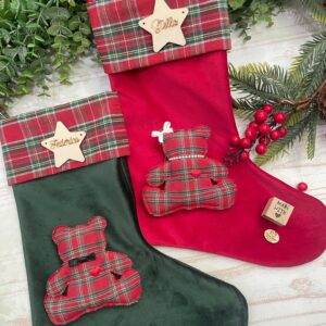 Calza Natalizia Velluto con Orsetti in Tartan e Targhetta Personalizzata
