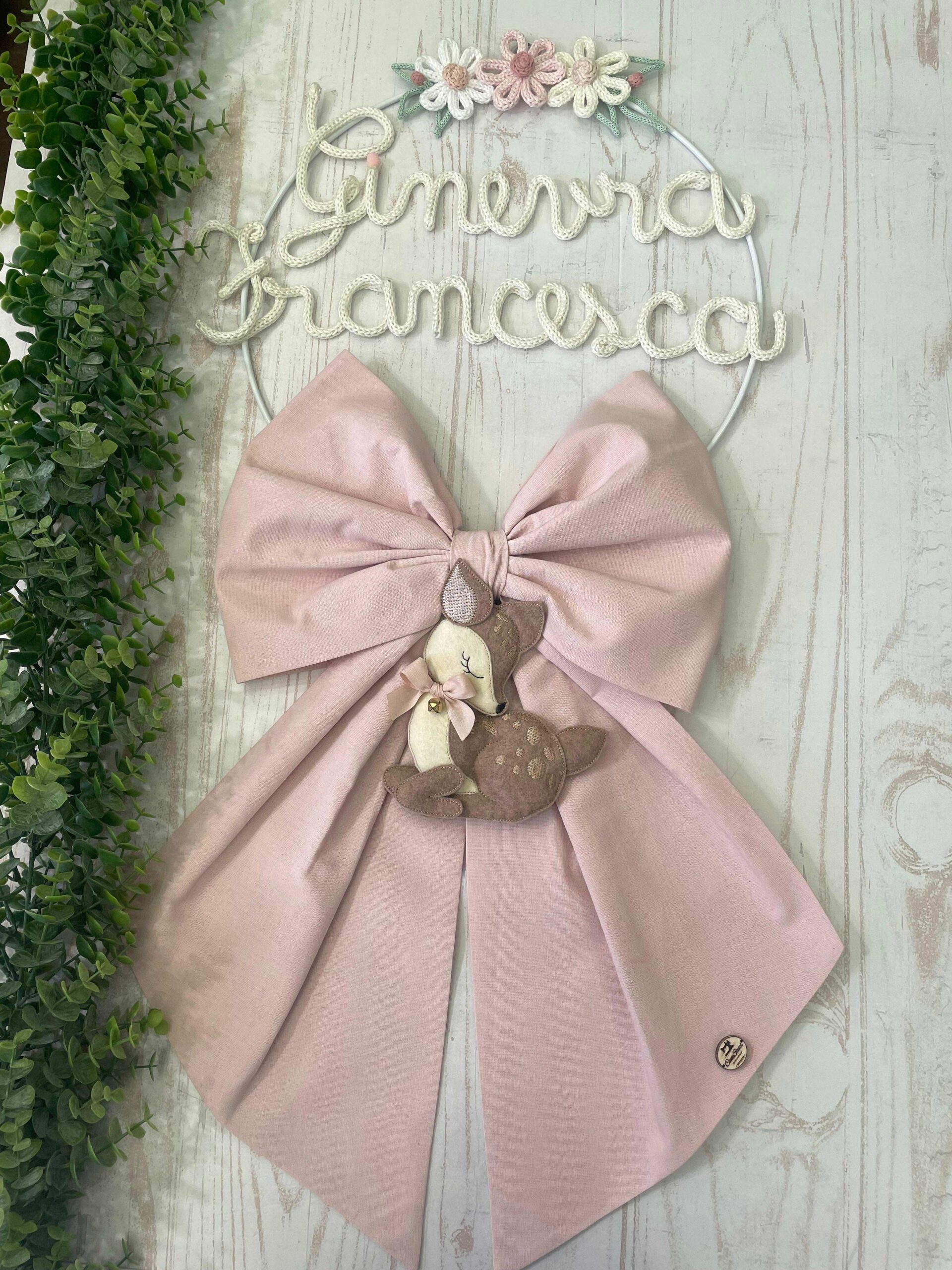 Fiocco Nascita Bimba Rosa con Due Nomi in Tricotin, Fiori e Cerbiatto