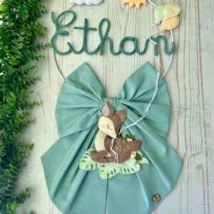 Fiocco Nascita Verde Menta 703 con Nome in Tricotin e Cerbiatto