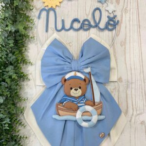 Fiocco Nascita Doppio Fiocco Azzurro e Panna con Nome in Tricotin e Orsetto Marinaio