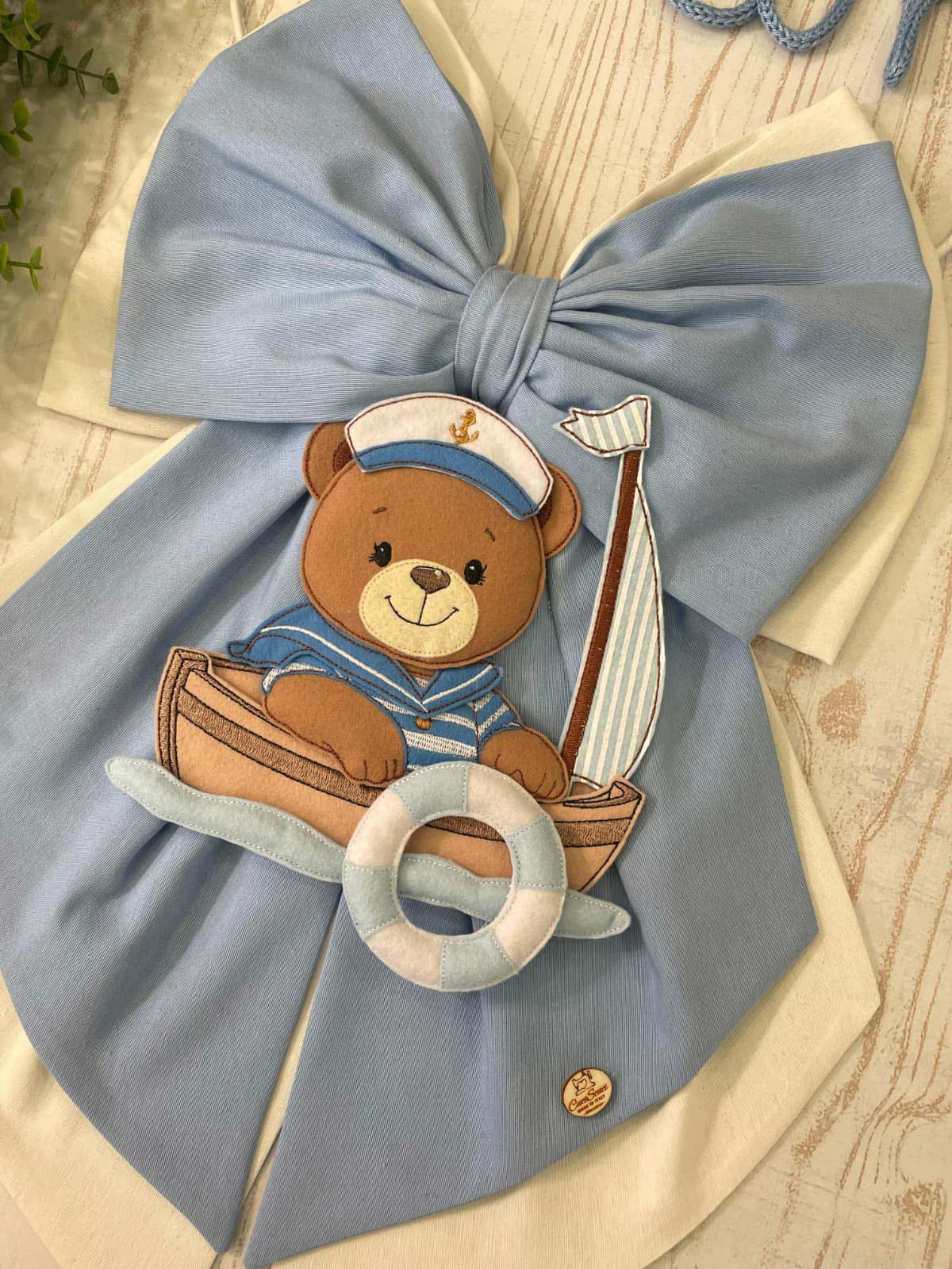 Fiocco Nascita Doppio Fiocco Azzurro e Panna con Nome in Tricotin e Orsetto Marinaio - immagine 9