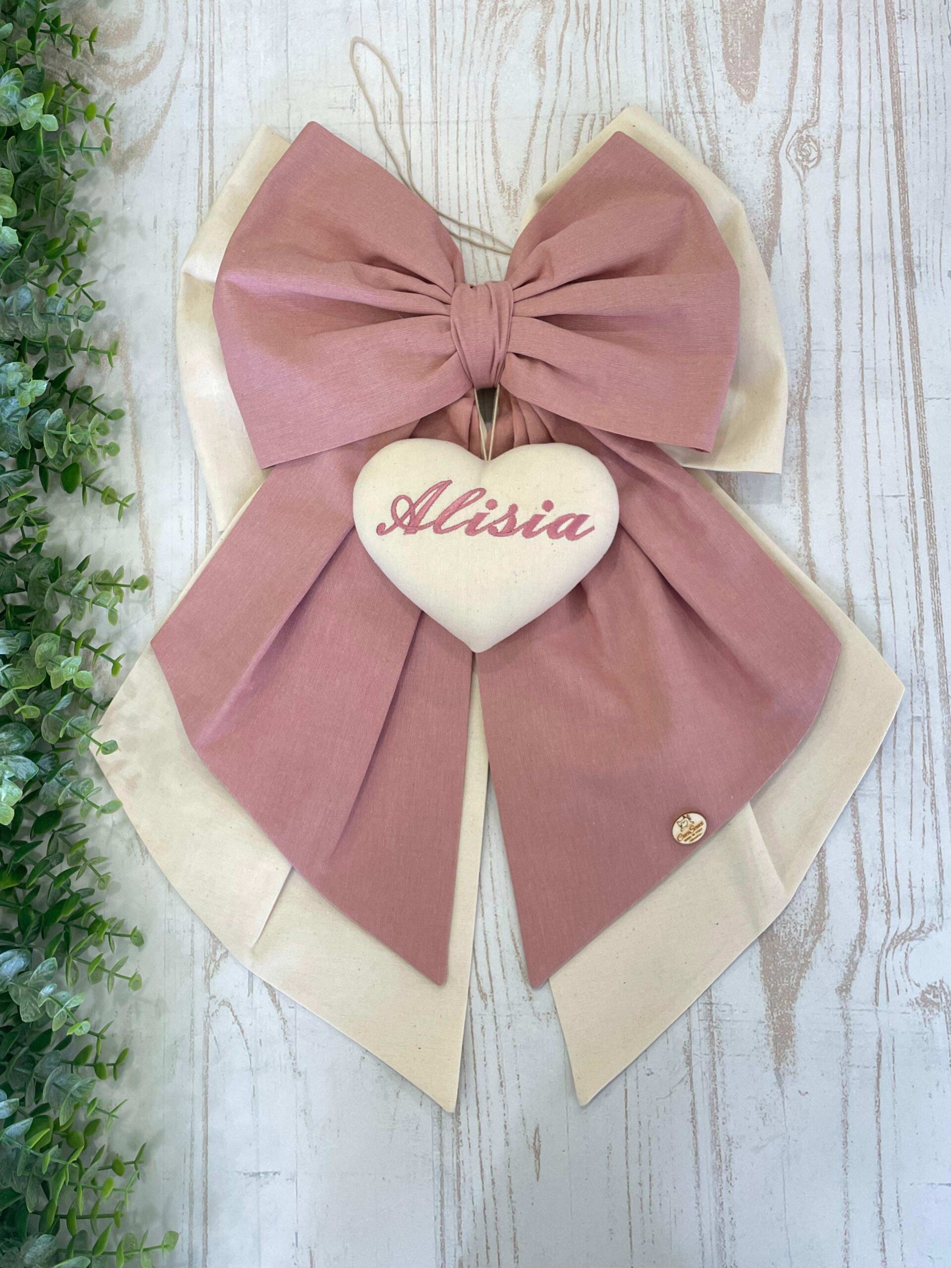 Fiocco Nascita Bimba Rosa Antico e Panna con Ricamo Personalizzato