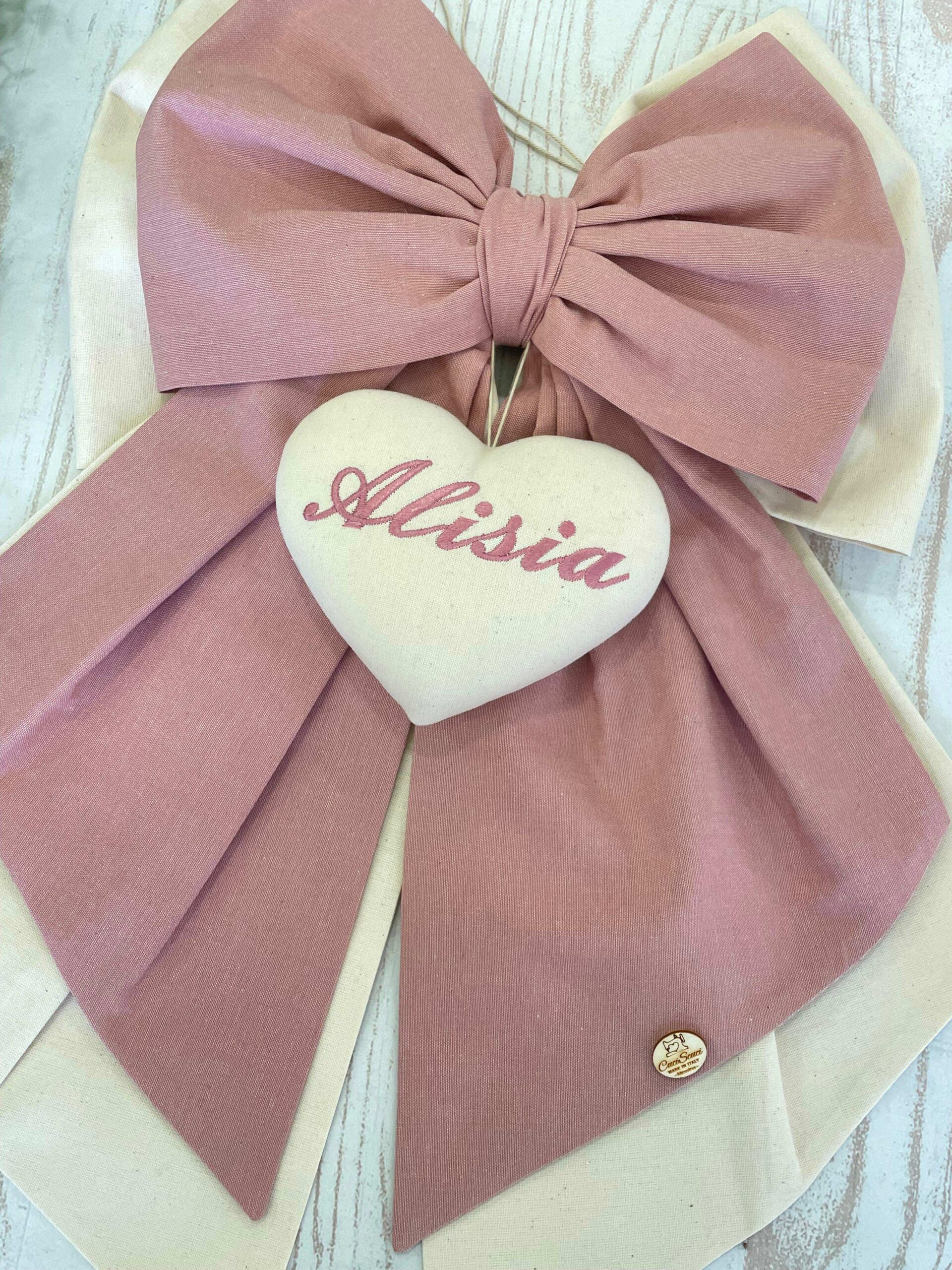 Fiocco Nascita Bimba Rosa Antico e Panna con Ricamo Personalizzato - immagine 2
