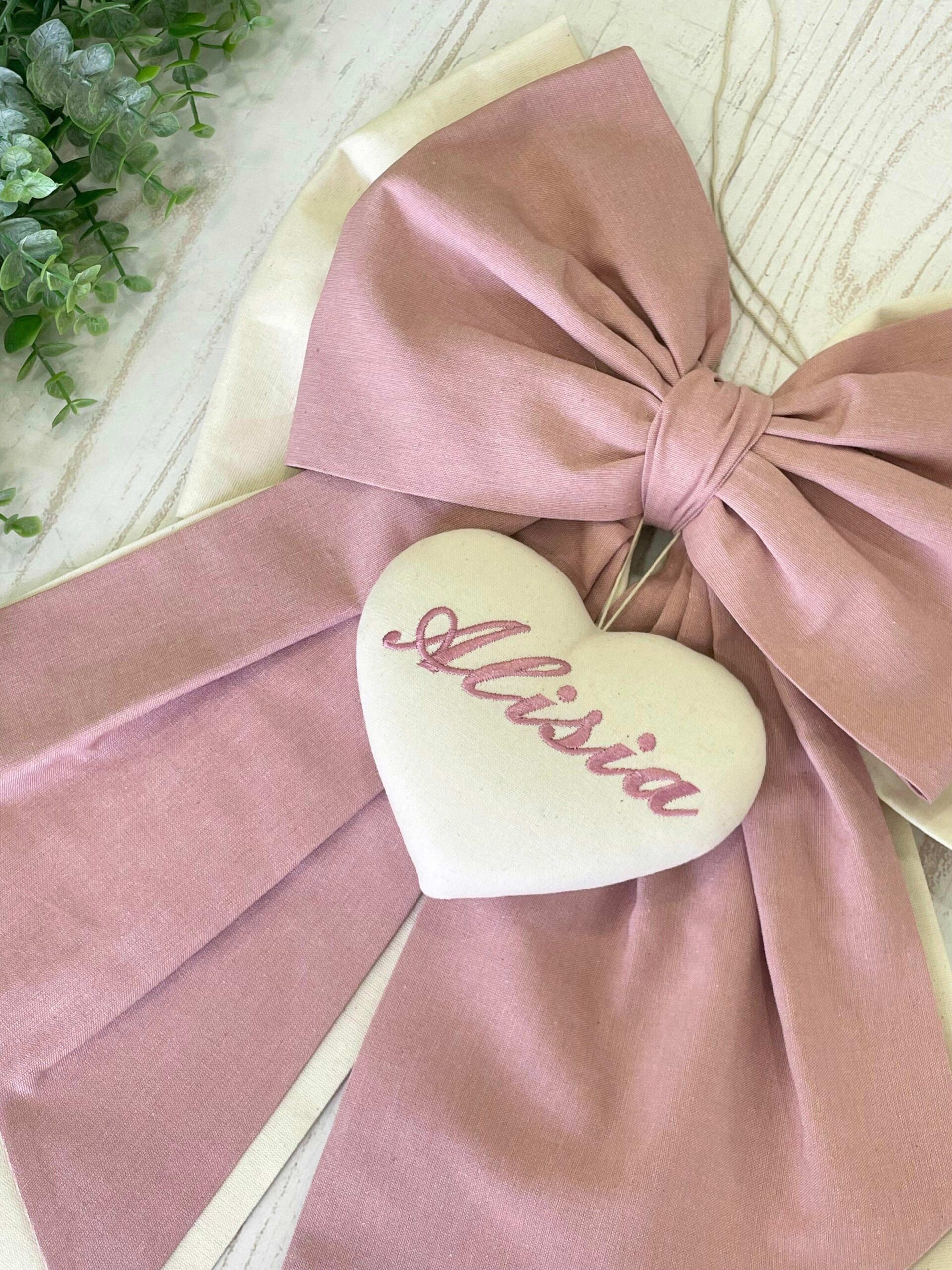 Fiocco Nascita Bimba Rosa Antico e Panna con Ricamo Personalizzato - immagine 3