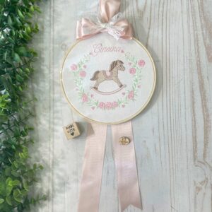 Fiocco Nascita Telaio Ricamo Cavallino a Dondolo e Nome Rosa