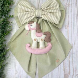 Fiocco Nascita Doppio Fiocco Verde Olio con Cavallino a Dondolo