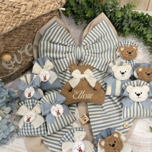 Coordinato Nascita Orsetto Bouclé Mandorla e Azzurro Polvere