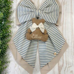 Fiocco Nascita Mandorla e Azzurro Polvere con Orsetto e Nome Ricamato