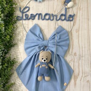 Fiocco Nascita Azzurro con Nome in Tricotin e Orsetto in Amigurumi