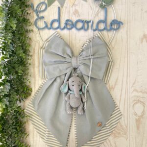 Fiocco Nascita Nuvola con Doppio Fiocco, Nome in Tricotin e Elefante in Amigurumi