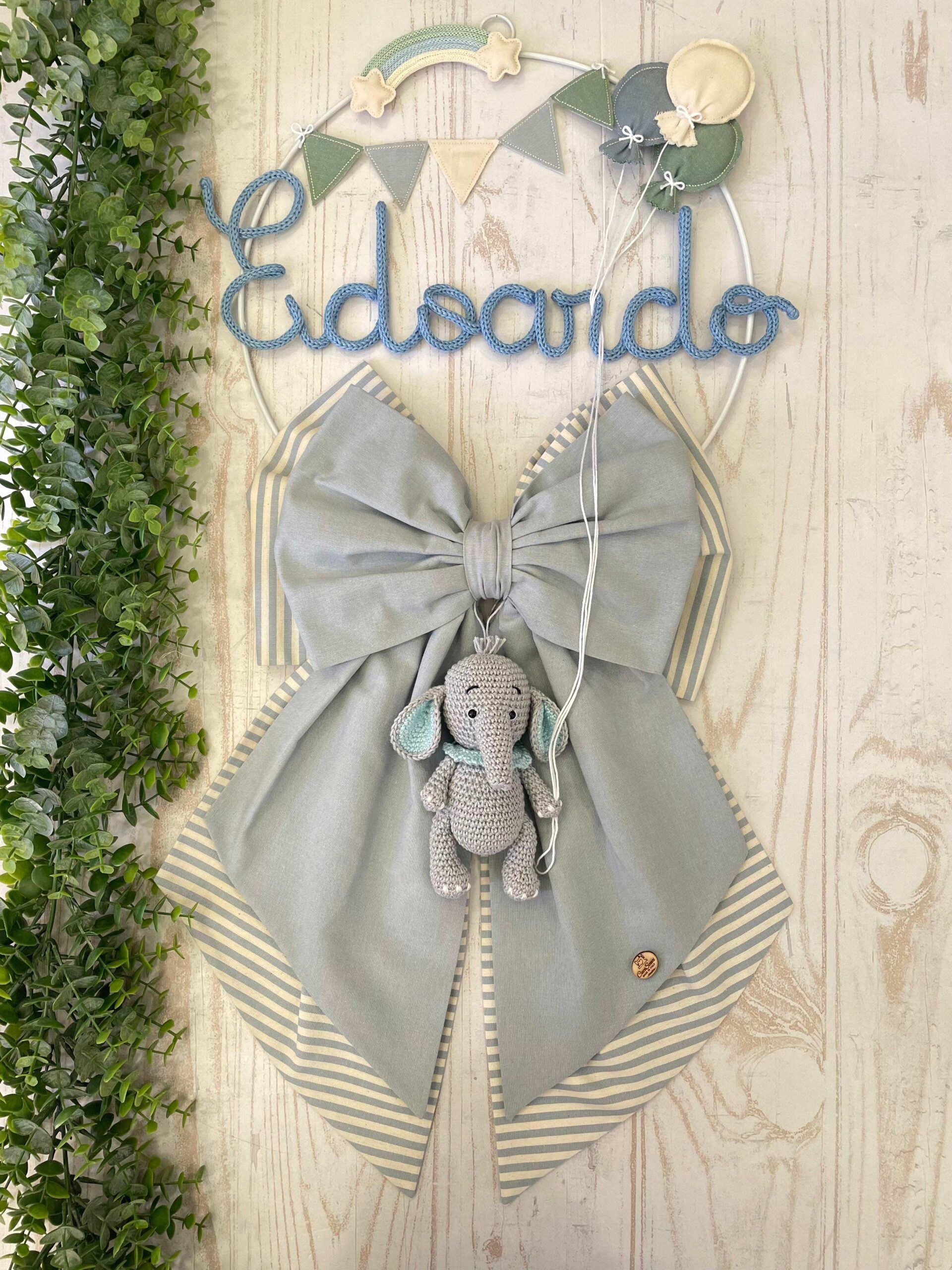 Fiocco Nascita Nuvola con Doppio Fiocco, Nome in Tricotin e Elefante in Amigurumi