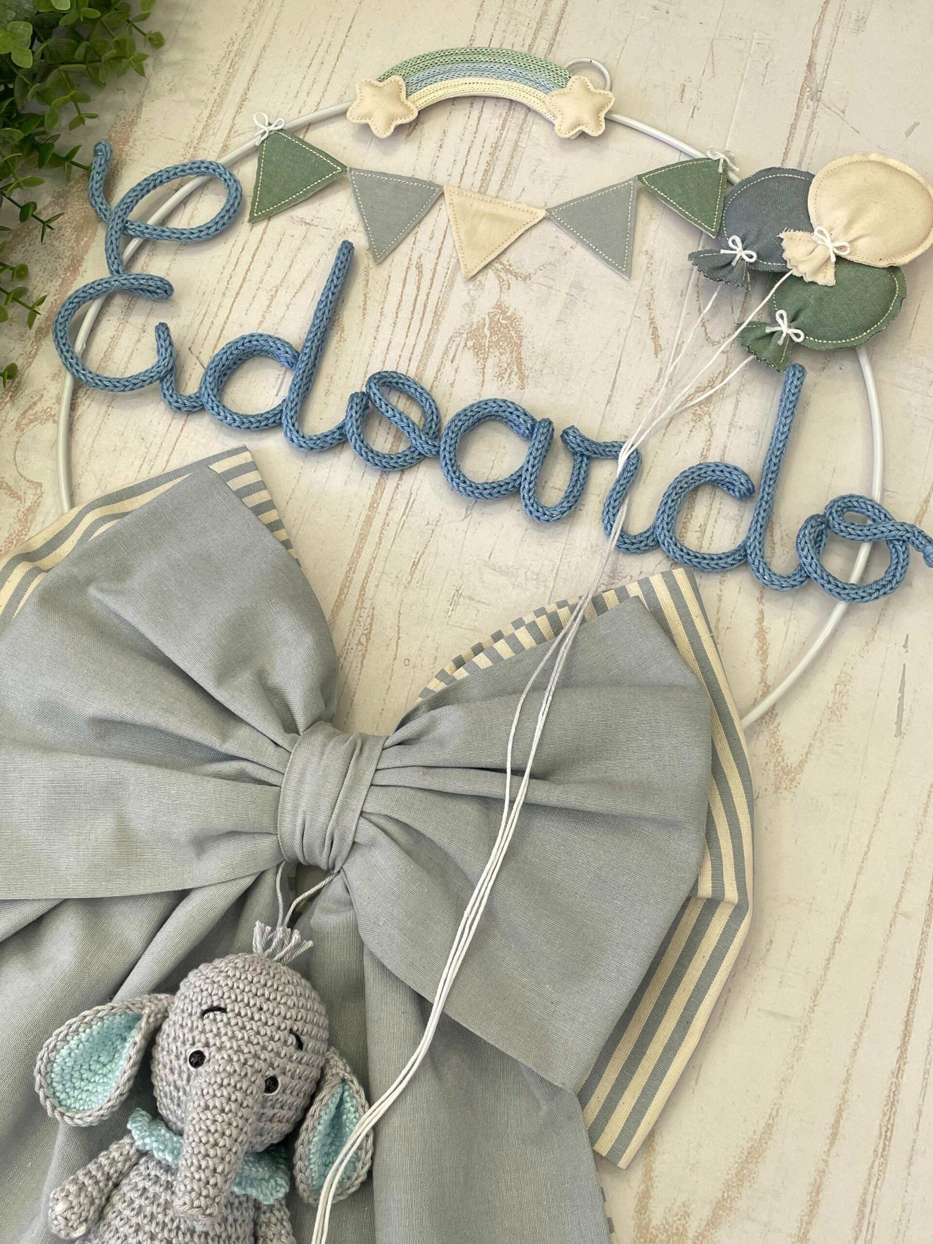 Fiocco Nascita Nuvola con Doppio Fiocco, Nome in Tricotin e Elefante in Amigurumi - immagine 3