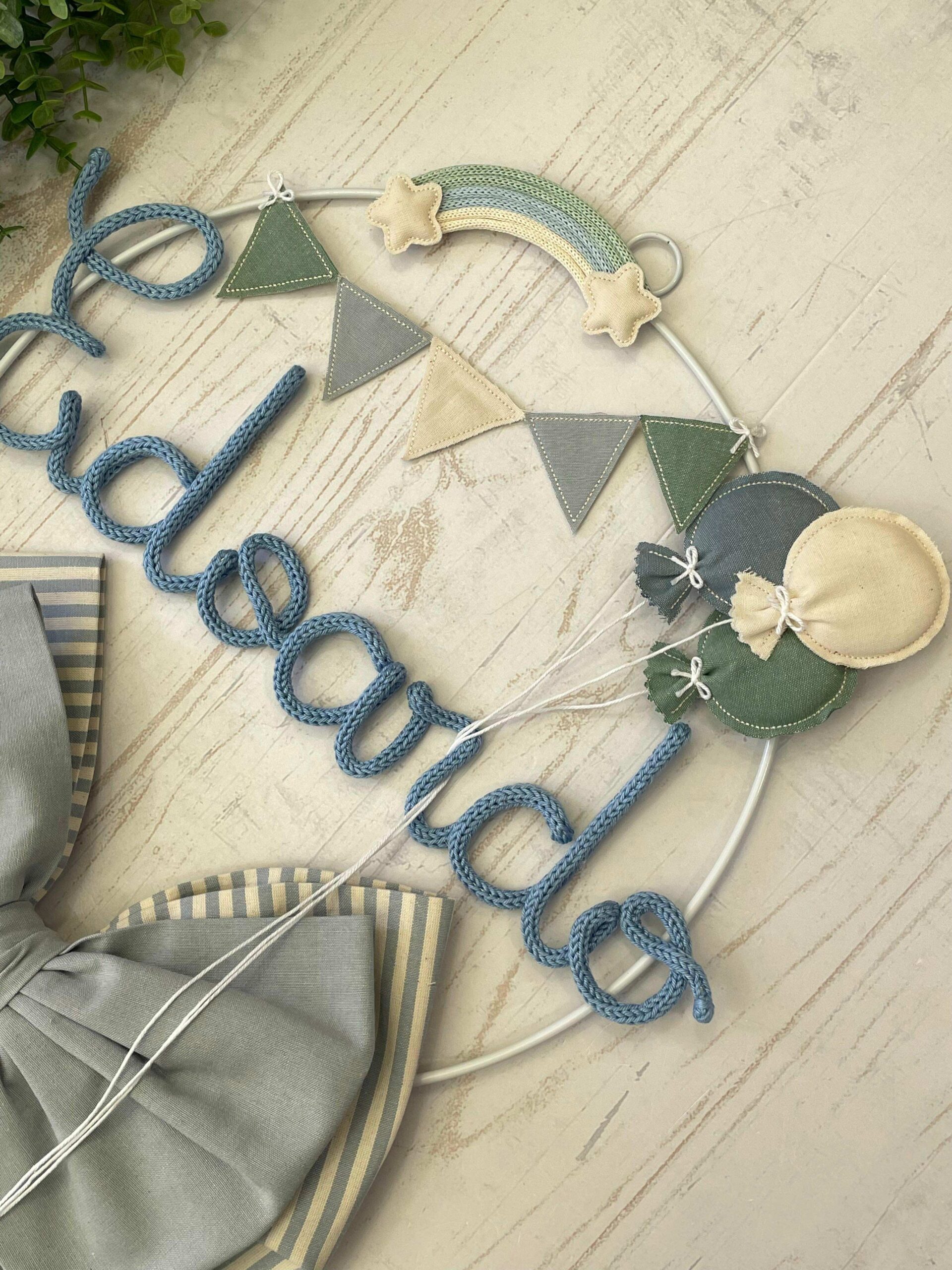 Fiocco Nascita Nuvola con Doppio Fiocco, Nome in Tricotin e Elefante in Amigurumi - immagine 4