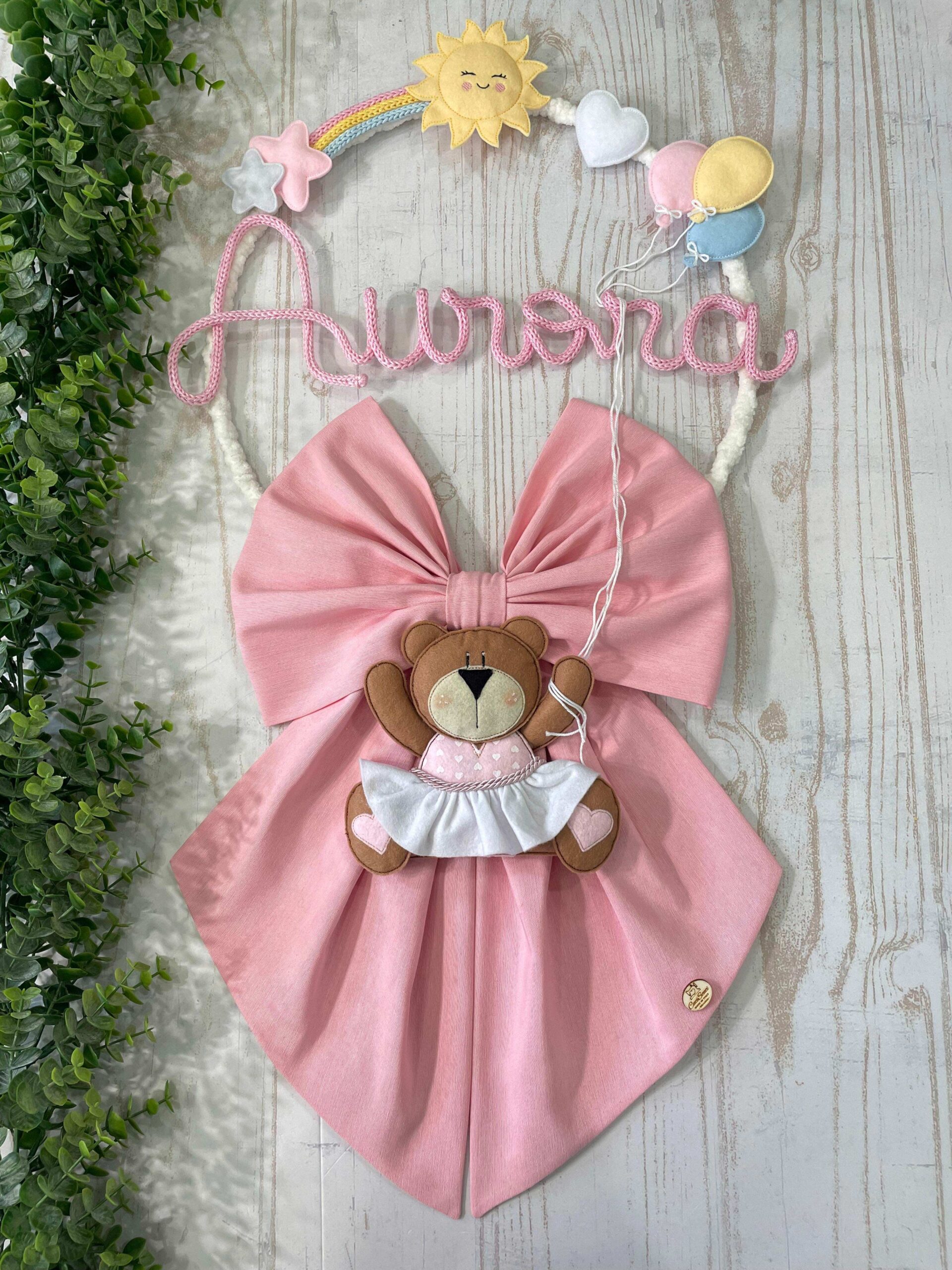 Fiocco Nascita Rosa con Nome in Tricotin, Macramè e Orsetta Ballerina