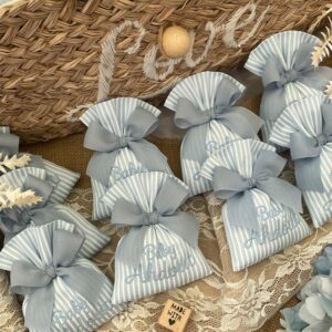 Sacchetto Sartoriale Rigatino Celeste con Ricamo Due Nomi