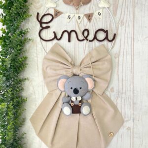 Fiocco Nascita Mandorla con Nome in Tricotin e Koala con Palloncini