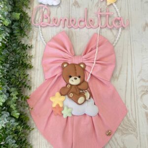 Fiocco Nascita Bimba Rosa con Nome in Tricotin e Orsetto su Nuvola