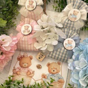 Sacchetto Sartoriale "Gender Reveal" Rosa Cipria e Azzurro Polvere con Calamita Orsetto
