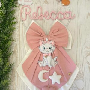 Fiocco Nascita Bimba Rosa Antico con Doppio Fiocco, Nome in Tricotin e Minou