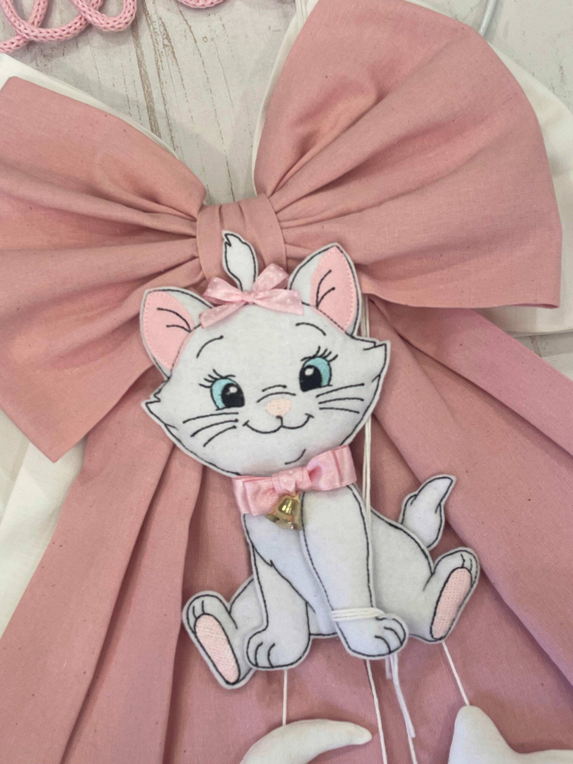 Fiocco Nascita Bimba Rosa Antico con Doppio Fiocco, Nome in Tricotin e Minou - immagine 3