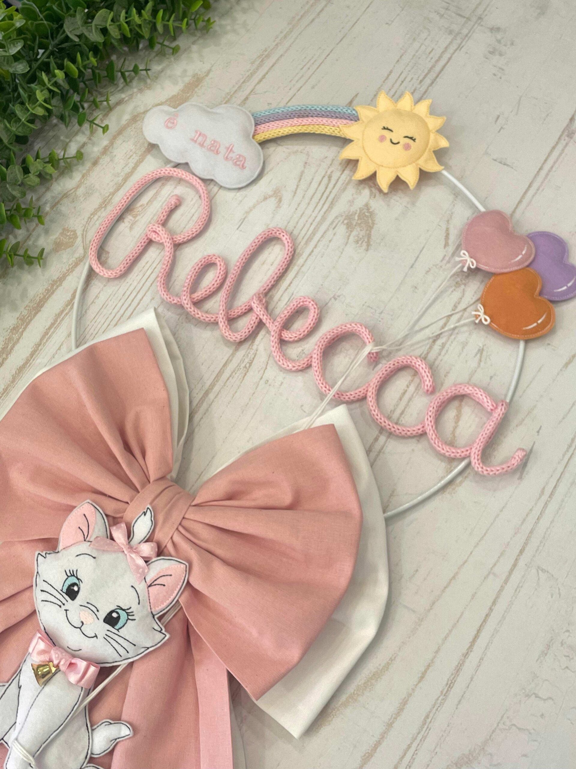Fiocco Nascita Bimba Rosa Antico con Doppio Fiocco, Nome in Tricotin e Minou - immagine 6